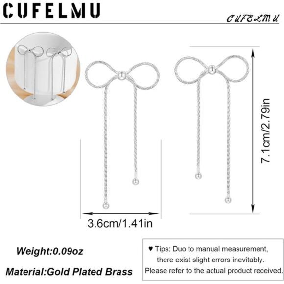 Silver Bow Earrings – White Gold Plated, Dangle Tassel Design - Picture 6 of 7